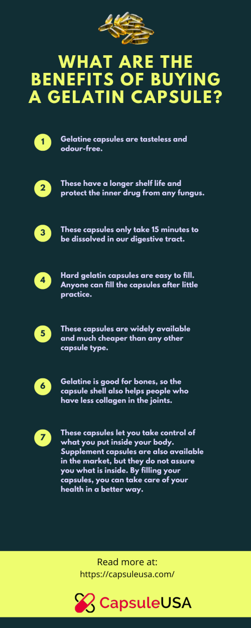 There are many benefits of gelatin capsules. The gelatin capsule is totally gluten-free, has no flavour, a pure protein. check-out more benefits through the infographic banner. Also, visit our website for more information: https://capsuleusa.com/