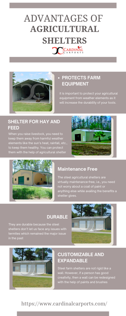 Just like other shelters, Agricultural shelters have their own advantages, like; protecting farm equipment, being maintenance-free, durable, customizable, expandable, and many more. Visit our website or call us for more information. To know more: https://bit.ly/3t1VioY