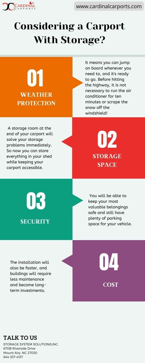 You are swirling around google because you are in a dilemma about whether to add a storage room with metal RV shelters or not? And, why in the first place should we consider having a carport with a storage room? Well, then you have knocked down the right page. Let’s discuss all the major points through an infographic.
To know more: https://www.cardinalcarports.com/metal-carports-steel-carports-metal-car-ports/combo-carpo