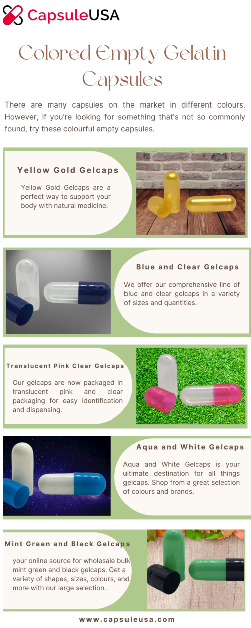 CapsuleUSA has the best collection of coloured empty gelatin capsules around. We make your capsules easy and affordable with a vast selection of colours and sizes. Shop for unique capsules by colour and find the perfect fit.
www.capsuleusa.com