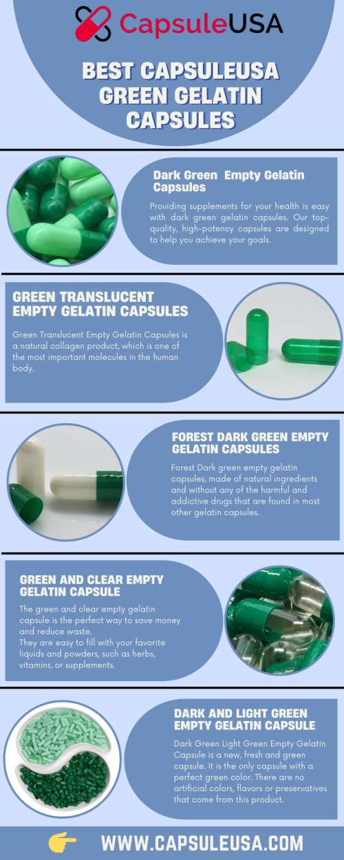 Buy your green gelatin capsules at CapsuleUSA. We have the best prices on our green gelatin capsules and all-natural organic products. Our staff are in-house professionals who provide helpful customer service and product advice.
https://bit.ly/3KYFcn5