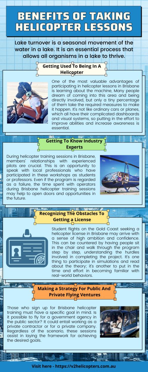 In this infographic,We described some benefits of taking helicopter lessons. Read this meaningful infographic carefully and share it with your friends if you find it interesting.
For more information about helicopter lessons, visit us at https://v2helicopters.com.au