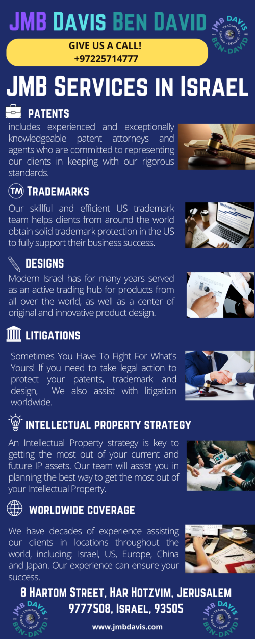 Our Israel team is headed by Jeremy Ben-David, one of the most senior patent attorneys practicing in Israel today, and is staffed by experienced patent attorneys, advocates and paralegals who successfully represent clients in diverse fields such as healthcare, telecom, footwear and clothing, beverages, luxury items. To know more about us, visit our website now!  https://www.jmbdavis.com/