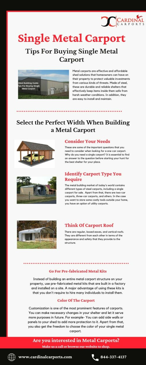 Single Metal carports are effective and affordable shed solutions that homeowners can have on their property to protect valuable investments from various kinds of threats. Made of steel, these are durable and reliable shelters that effectively keep items inside them safe from harsh weather conditions. In addition, they are easy to install and maintain.