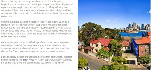 Doric Property Inspections are the building consultants in Sydney, providing commercial & residential property inspections and pest control inspections.

https://www.doricpropertyinspections.com.au/
