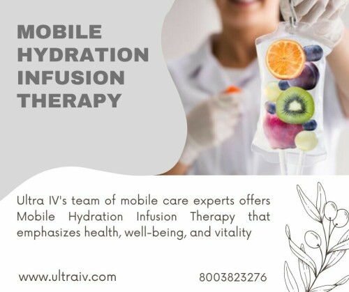 A treatment called mobile hydration infusion therapy sends fluids right into the patient's bloodstream to increase their level of vitality and freshness. In the privacy and security of your home or place of business, Ultra IV's team of mobile care experts offers IV Therapy service that emphasizes health, well-being, and vitality. For additional information, call us at +1 8003823276 or visit www.ultraiv.com.