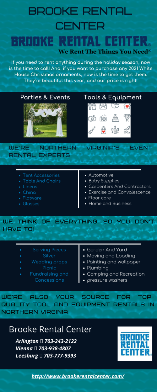 Brooke Rental Center is an independent full-line general rental center providing all manner of party goods, tents, tables, and chairs to the professional food service and institutional trade as well as to individuals planning private events. In addition, we carry a full line of tools, lawn care gear, and construction equipment for contractors and homeowners. Our professional staff can help you plan your next event or provide advice on how best to handle that home improvement project. https://www.brookerentalcenter.com/