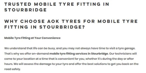 Getting a flat tyre can be frustrating, especially if it happens when you're out and about. At AOK Tyres, we understand the inconvenience and offer on-demand mobile tyre fitting services in Stourbridge, bringing the tyre services to you, wherever you are. Our team of experienced technicians is equipped with the latest tools and equipment to ensure a quick and efficient tyre replacement, getting you back on the road in no time.

https://www.aoktyres.co.uk/mobile-tyre-fitting-stourbridge