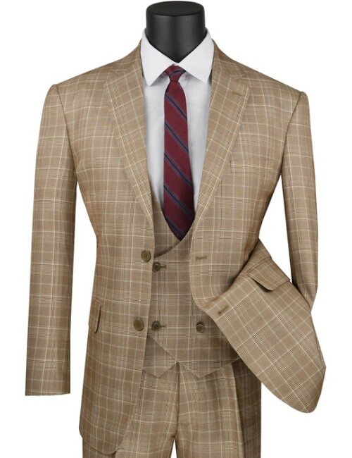 Buy now Men's Camel Tan Plaid 3 Piece Suit Low Cut Vest V2RW 7