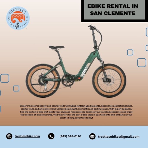 Explore the scenic beauty and coastal trails with Ebike rental in San Clemente. Experience aesthetic beaches, coastal trails, and attractive views without dealing with any traffic and parking issues. With expert guidance, find the perfect e-bike that meets your style and requirements. Enhance your traveling experience and enjoy the freedom of bike ownership. Visit the store for the best e-bike sales in San Clemente and, embark on your electric biking adventure today! Visit:https://trestlesebike.com/ebike-rentals/