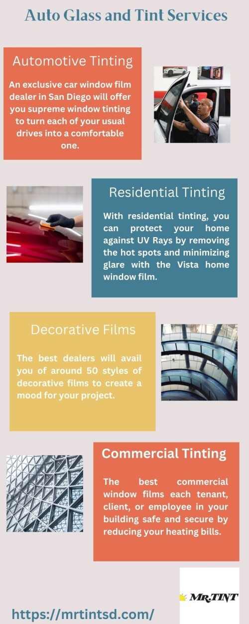 Since 1992, Mr. Tint has been offering top-tier window films for your car, home, office, commercial building, RV, and even your boat. Our window tinting service effectively blocks 99% of harmful UV rays, minimizes glare, regulates indoor temperatures, and helps reduce your energy expenses. For more details visit us at https://mrtintsd.com/