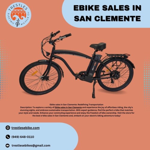 To explore a variety of Ebike sales in San Clemente and experience the joy of effortless riding, the city's stunning sights, and embrace sustainable transportation. With expert guidance, find the perfect e-bike that matches your style and needs. Enhance your commuting experience and enjoy the freedom of bike ownership. Visit the store for the best e-bike sales in San Clemente and, embark on your electric biking adventure today! Visit:https://trestlesebike.com/