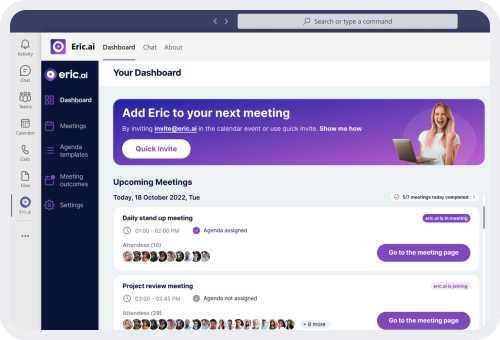 Raise your meetings with Eric.ai, an excellent app for better collaboration. Enjoy smoother, more productive meetings with Meeting AI by Eric.ai. We're committed to making meetings more accessible to manage through automation. Eric.ai understands your team dynamics, boosting productivity in every interaction. Embrace the future of productivity with Eric.ai – your smart ally for more impactful meetings. For more info, visit our website: https://www.eric.ai/
