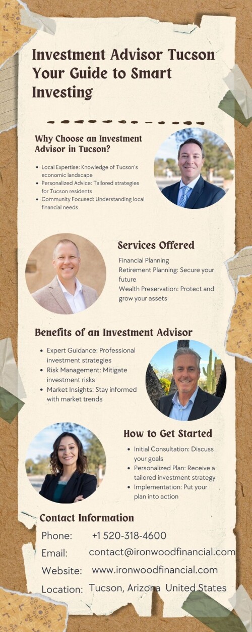 Investment Advisor Tucson: Your Guide to Smart Investing offers personalized financial advice to help you navigate the complexities of investing. Our experts provide tailored strategies to grow your wealth, manage risks, and achieve financial goals, ensuring a secure and prosperous future.
https://ironwoodfinancial.com/