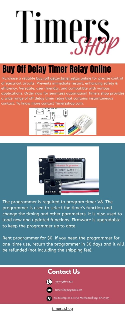 Purchase a reliable buy-off delay timer relay online for precise control of electrical circuits. Prevents immediate restart, enhancing safety & efficiency. Versatile, user-friendly, and compatible with various applications. Order now for seamless automation! Timers shop provides a wide range of off delay timer relay that contains instantaneous contact. To know more contact Timersshop.com.