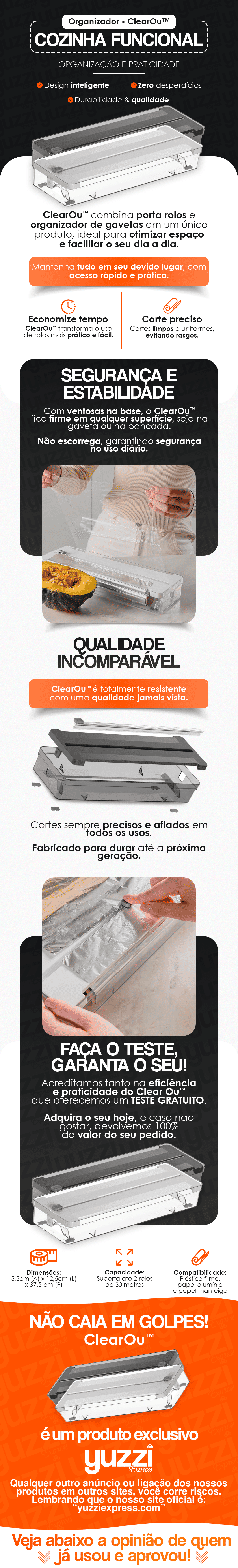 Porta Rolos Duplo e Organizador de Gavetas com Cortador - ClearOu™