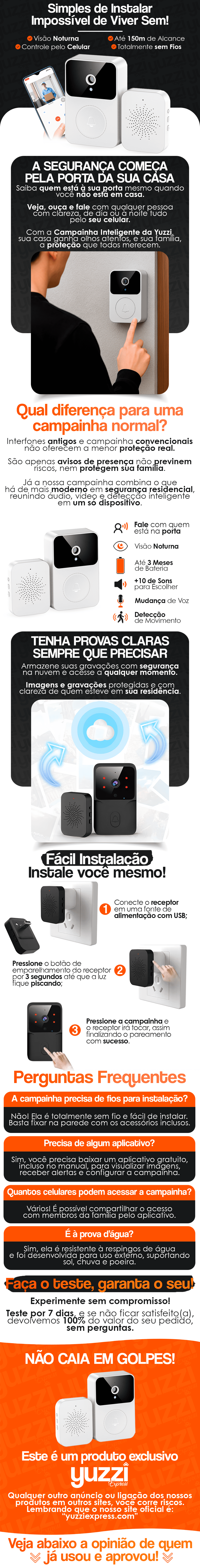 Campainha Inteligente Sem Fio Recarregável com Câmera Visão Noturna WiFi