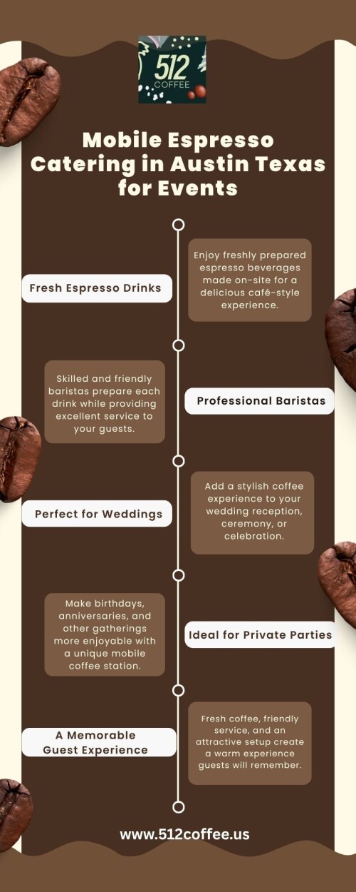 Have a unique event by opting for the mobile espresso catering in Austin, Texas. Experience the taste of coffee drinks that are prepared in front of you, along with professional barista services. A mobile coffee station allows you to have a cafe-like atmosphere right at your place.

Visit: https://512coffee.us/