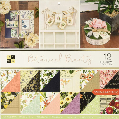 36 sheets of elegant floral prints will inspire your paper crafting. 12 sheets include gold foil accents in the design. 

    12x12 Printed Cardstock
    36 sheets
    12 sheets with foil features
    DCWV Premium Stack
    Acid & lignin free
    Die Cuts With a View 614327

https://www.12x12cardstock.shop/collections/foil-cardstock-and-papers-with-foil-highlights/products/dcwv-botanical-beauty-premium-stack-12x12-paper-pack-36-sheets